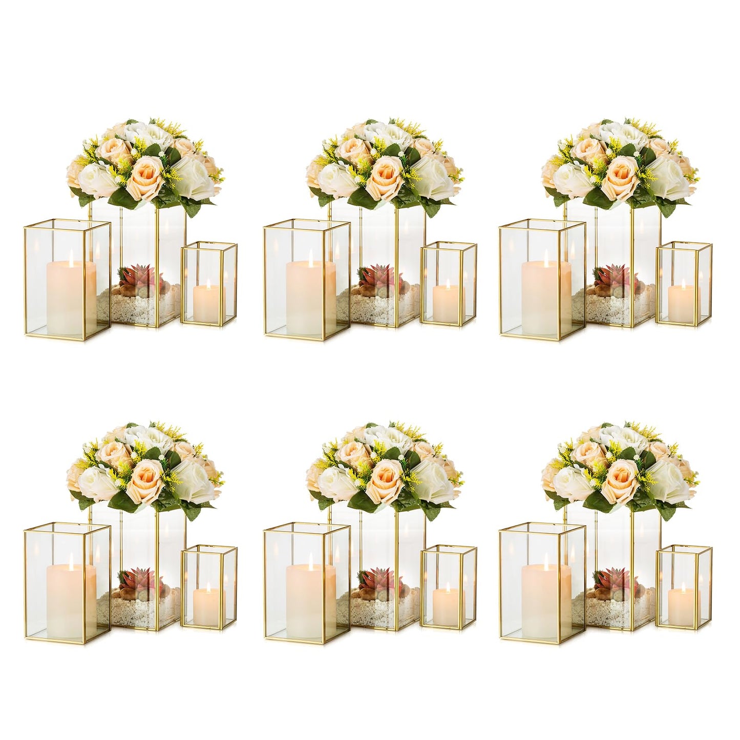 Hewory Glass Hurricane Candle Holder: Gold Hurricane Candle Holders with Metal Frame Square Set of 18, Clear Candle Holder for Table Centerpiece Wedding Christmas Engagement Birthday Party Decorations