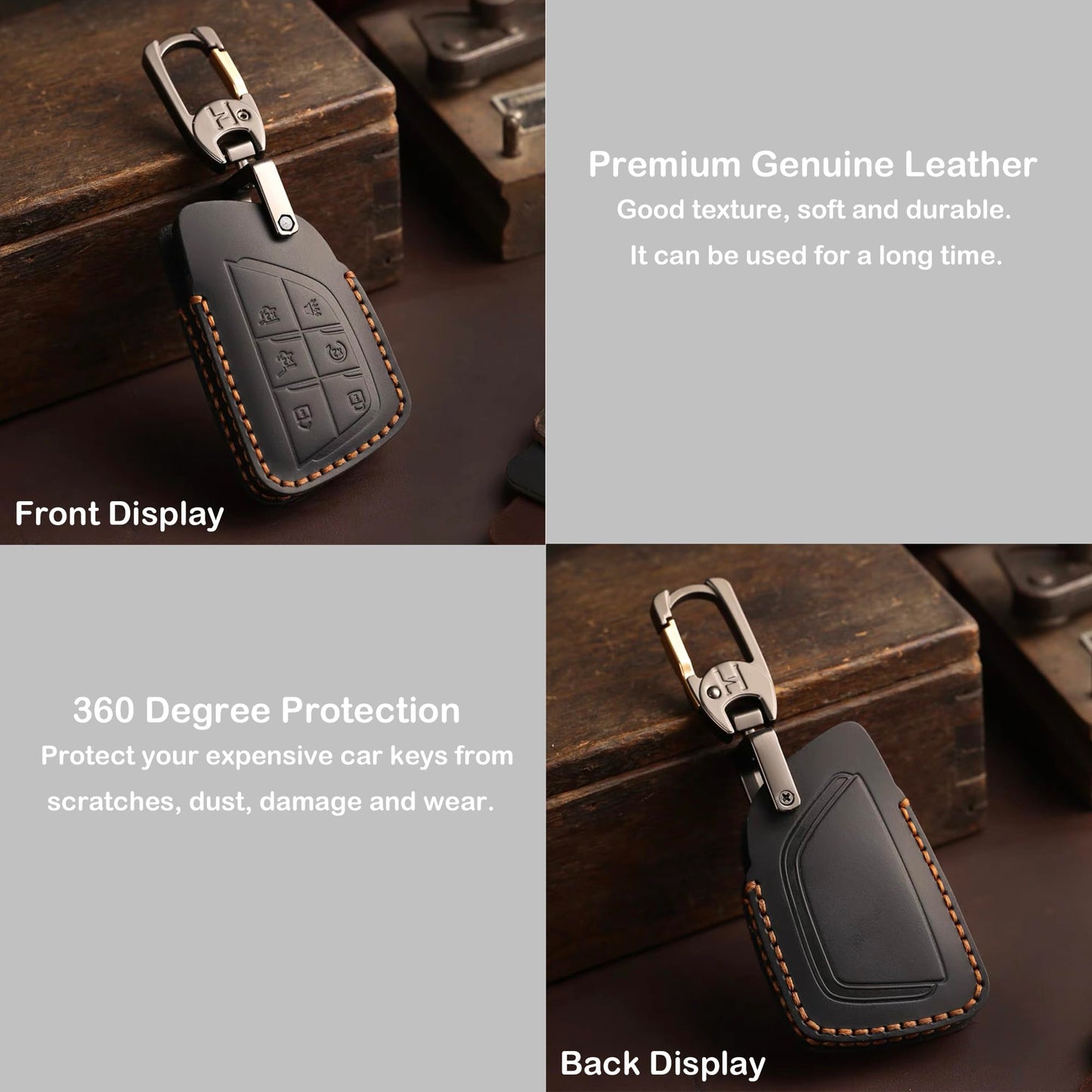Leather Key Fob Cover for Chevy, Retro Smart Fob Protection Case Compatible with 2021 2022 2023 2024 2025 Chevy Tahoe Suburban GMC Yukon Denali Sierra Silverado Buick (Black, 6 Buttons)