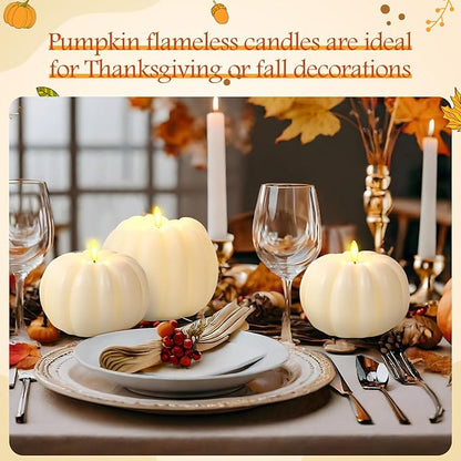 Retisee 3 Pcs Flameless Thanksgiving LED Candle Fall Light up Pumpkin Flameless Candles with Timer Remote Control, 4" 6" h Autumn Farmhouse Rustic Harvest Decor for Home Party(Ivory)