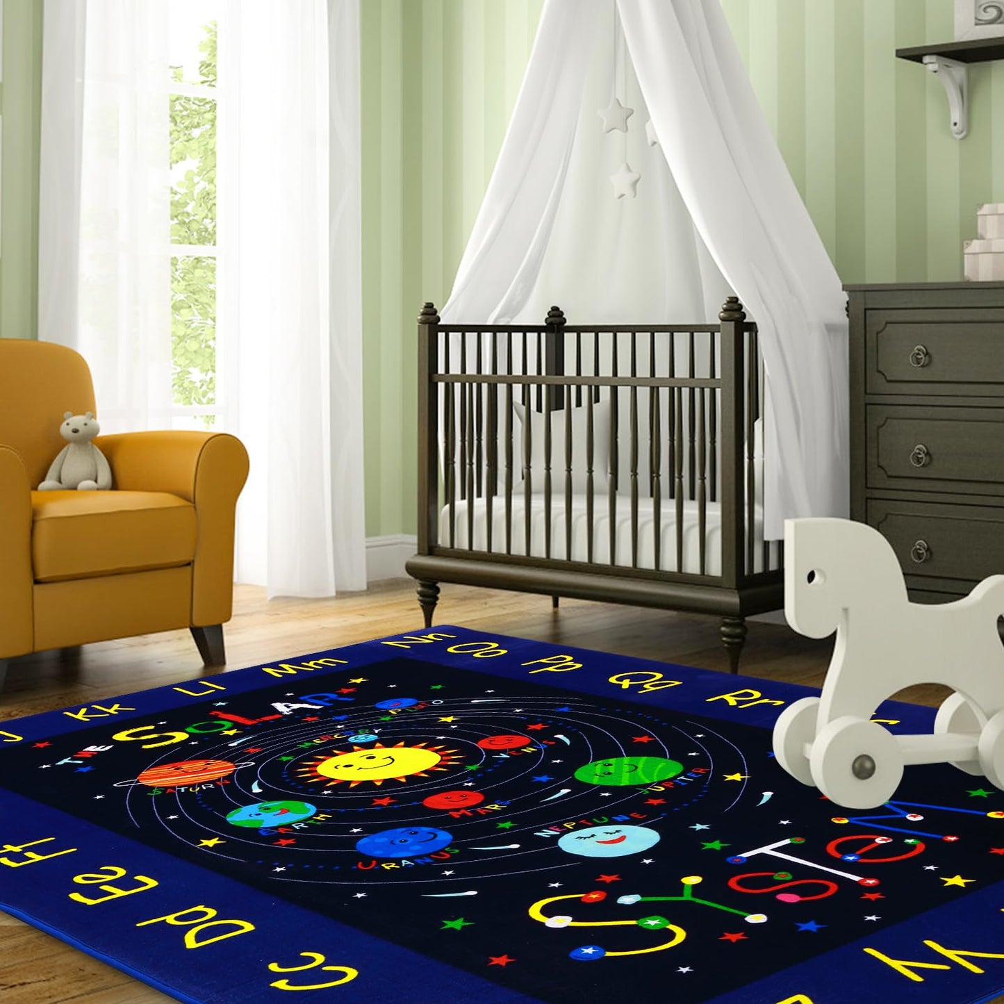 LUXLOOM 3x5 Outer Space Rug Kids Playroom Rug Solar System ABC Alphabet Educational Floor Mat Non Slip Backing Planet Carpet Ultra Soft Low Pile Area Rug for Bedroom Classroom Nursery Playroom Blue