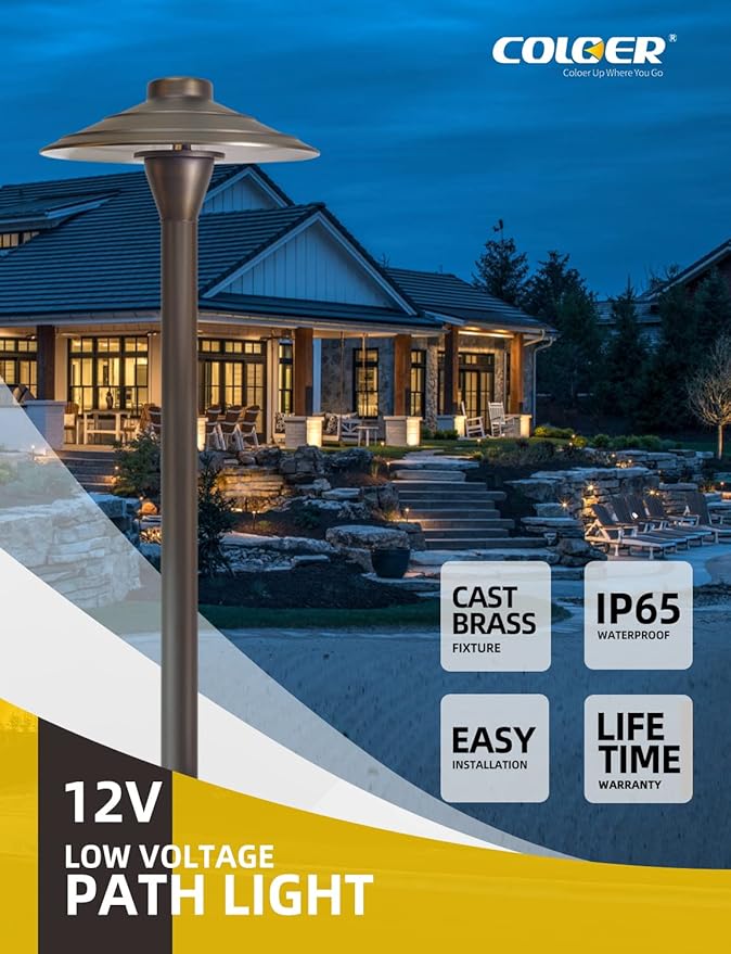 COLOER Brass Low Voltage Walkway Lights for Outside Bronze Finish 2-Pack with LED G4 Bulb,9-17V AC/DC 2W 2700K Warm White Outdoor Landscape Path Lights for Garden,Yard,Sidewalk or Driveway(601B)