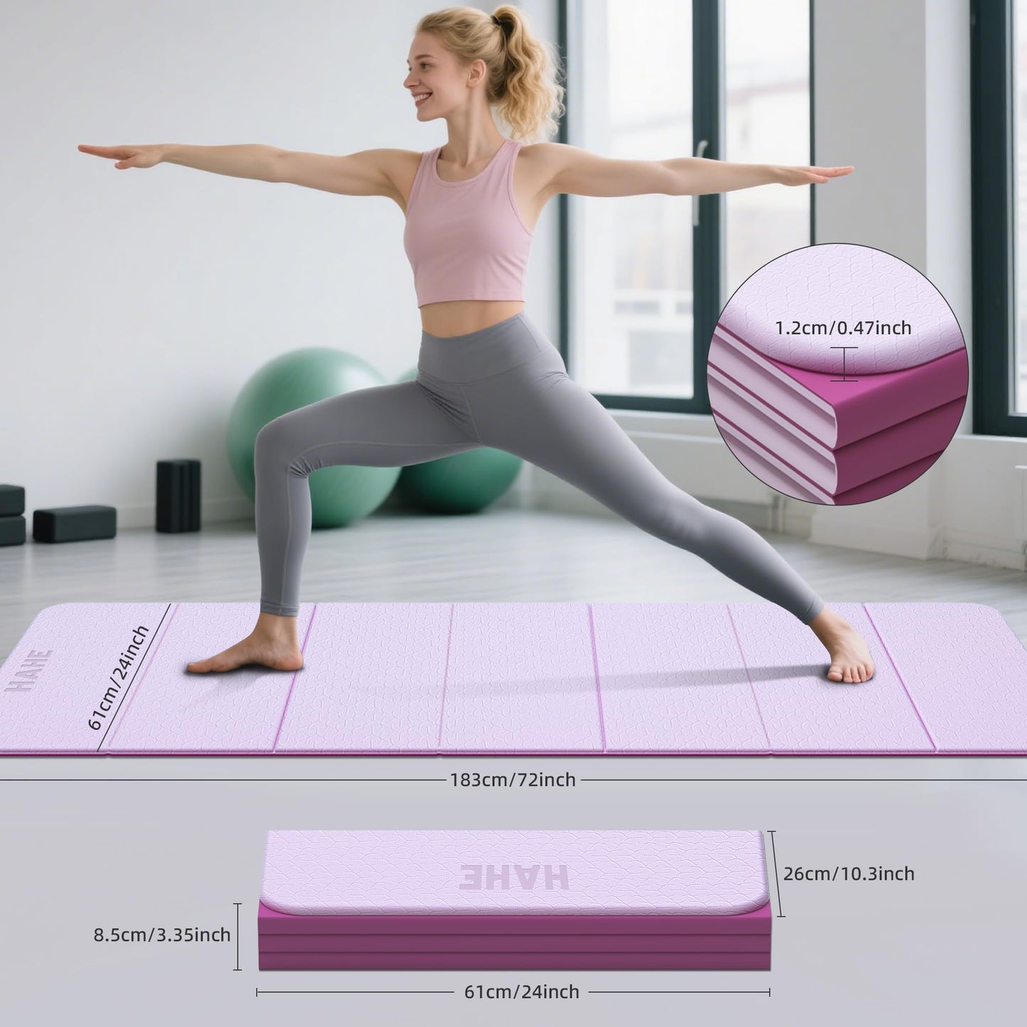 HAHE 7-Fold Design Extra Thick Yoga Mat 72"L x 24"W x 0.47",TPE Fitness Exercise Mats, Non-Slip Foldable Yoga Mat, High Density, Portable for Men & Women, Yoga, Pilates, Home Gym (Deep Pink & Light Pink)