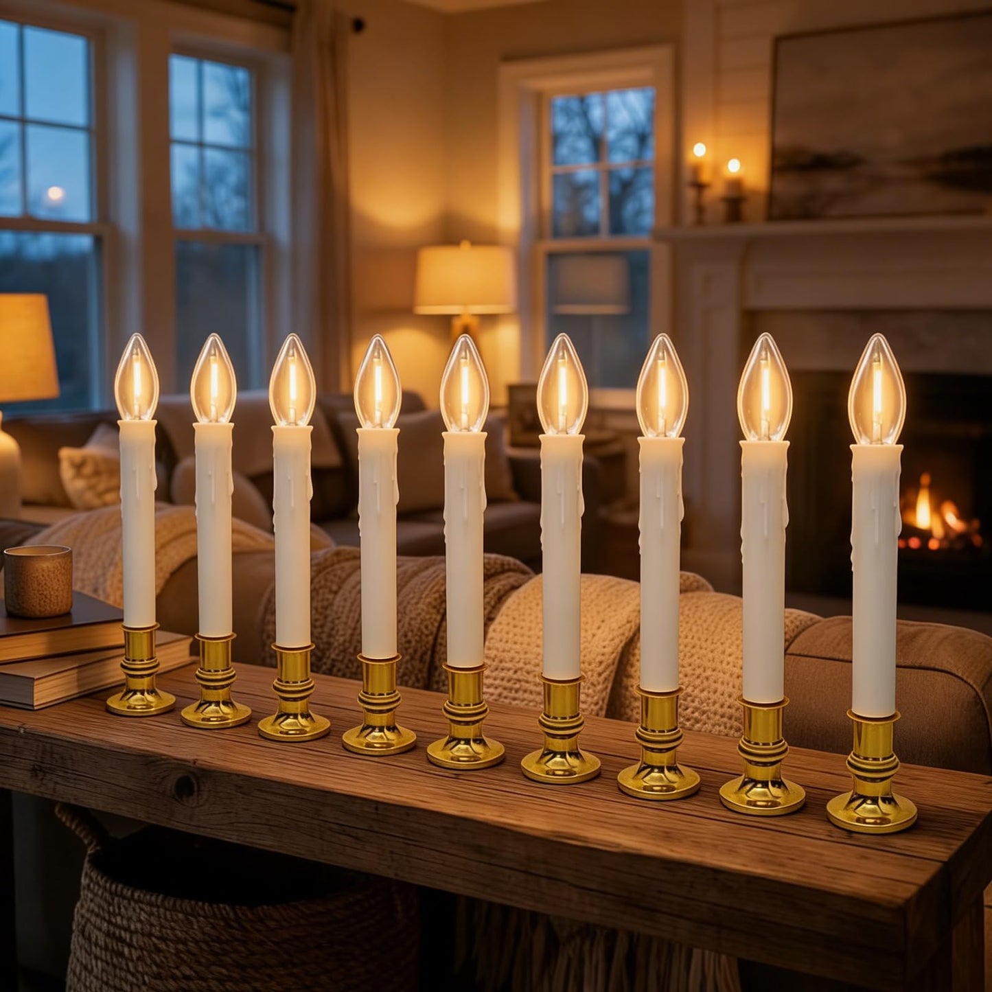 10 Pack Battery Operated Window Candles, Flameless Christmas Electric Candle with 6/18H Timer, Gold Base with Suction Cups, Warm White LED Lights for Xmas Wedding Holiday Indoor Table Window Decor