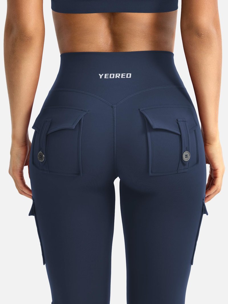 YEOREO CoreFlex Women Workout Flare Leggings with Pockets Scrunch Cargo Gym Yoga Leggings Blue Navy XL