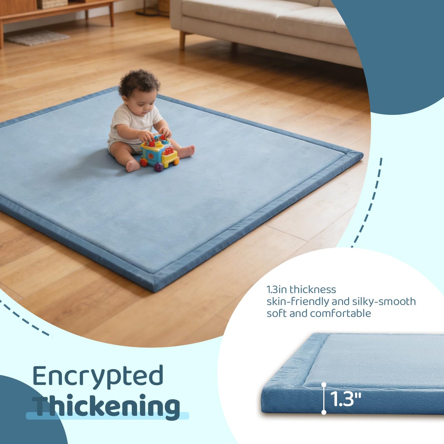 TreeBud Baby Play Mat for Floor, 1.3 Inch Thick Memory Foam Tummy Time Mat with Non Slip Backing, Soft Coral Velvet 59X71 Inch Playpen Mat Crawling Tatami for Infants Toddlers Kids, Midnight Blue