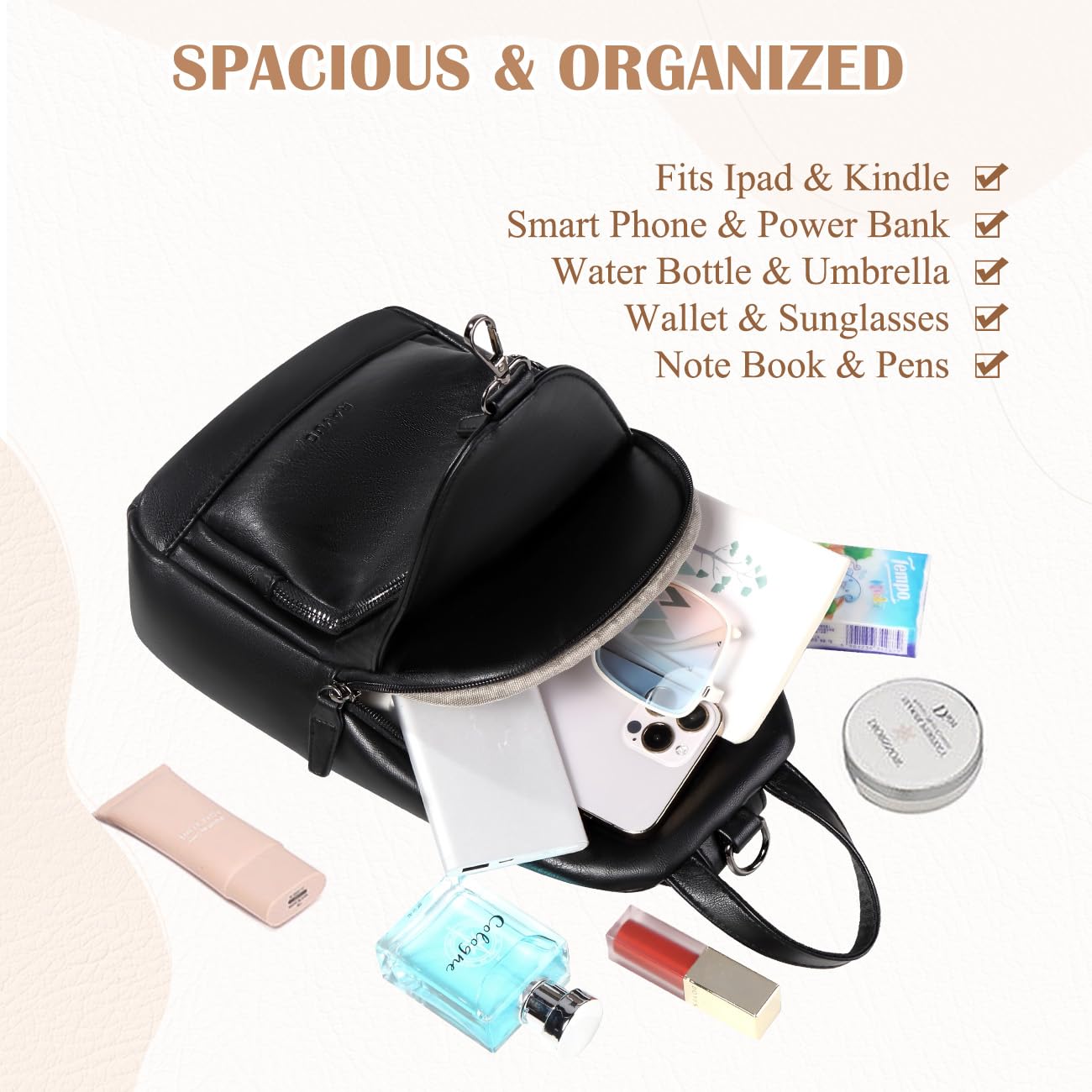 RAVUO Sling Bag for Women, Faux Leather Convertible Backpack Purse Ladies Anti Theft Cross Body Bag with Multi Pockets for Travel Cycling Hiking Shopping,Black