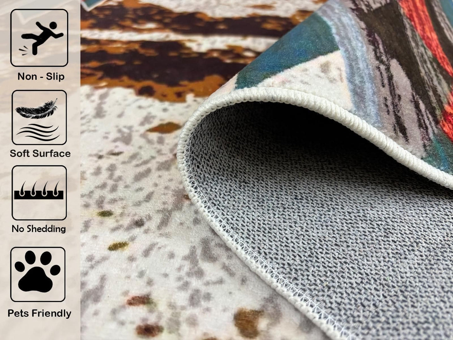 DECORAISES Combo Rustic Western 3x5 ft Area Rug, 4 Pcs Non-Slip Rug Tape, Southwestern Style, Polyester, Rectangular, Indoor, 8cm Thick, Machine-Woven, Spot Clean Only