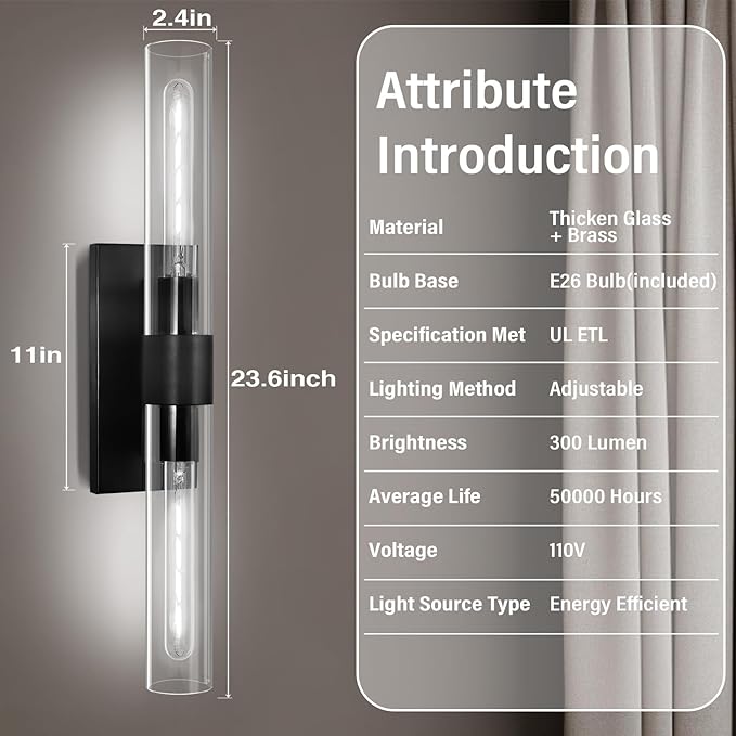 Modern Wall Sconces, Bathroom Wall Sconce, 22.8" Black Wall Lamps, 2-Light Dimmable Sconces Wall Lighting with Glass, Vanity Light Tube Sconce for Bedroom Living Room, Hallway