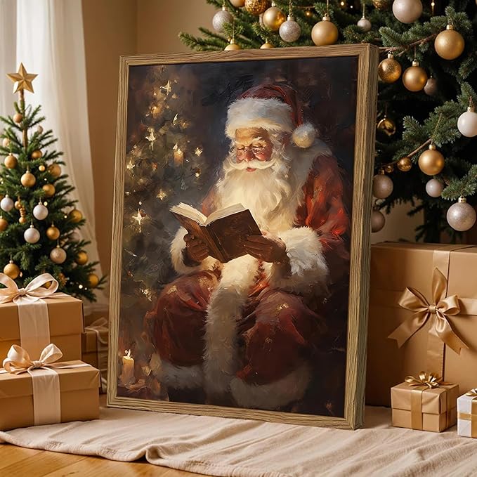 Framed Vintage Christmas Canvas Wall Art, Santa Claus Reading Book Paintings Wall Decor, Rustic Winter Holiday Pictures Prints for Living Room Bedroom Home Decoration 8×10 inch
