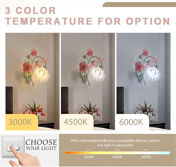 Vintage Floral Wall Sconce,Metal Wall Lamp with Glass Lampshade,Mounted Wall Lights for Bedroom Living Room Corridor Vanity Hallway E26 Wall Art Scones 40 * 40Cm Left