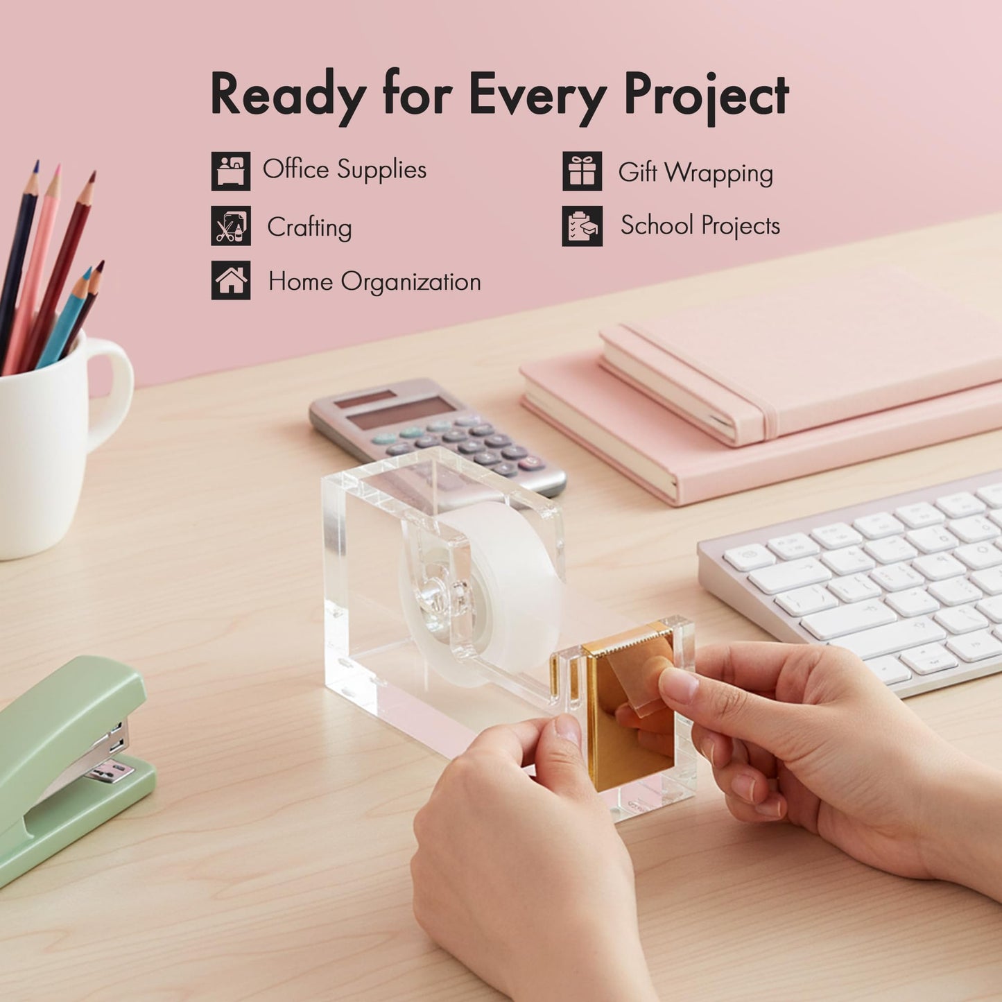 OfficeGoods Acrylic Tape Dispenser – Modern Desk Organizer for Office Supplies, Heavy Duty Refillable Tape Holder for Home and School Crafting, Stylish Desktop Accessory for Gift Wrapping, Gold