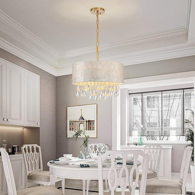 4-Lights Drum Capiz Shell Crystal Chandeliers, Coastal Style Pendant Light Fixture for Dining Room, Living Room, D16 x 20~67"(Adjustable), Shell Lampshade & Gold Finish