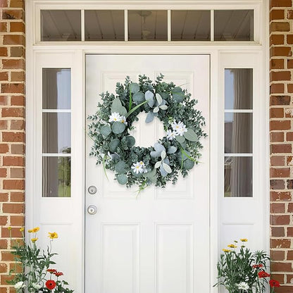 Door Wreath Green Eucalyptus for Front Door Wreaths Spring Summer Wreath Artificial Leaves Wreaths for All Season Home Farmhouse Porch Year Round Outdoor Wall Decorating,20 Inch