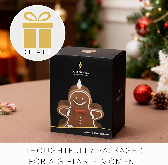Luminara Flameless Candle Moving Flame LED with Timer, Real Unscented Wax Gingerbread Boy Figural 4.6"x5.5", Battery Operated Christmas Holiday Decor, Remote Compatible (Batteries Not Included)