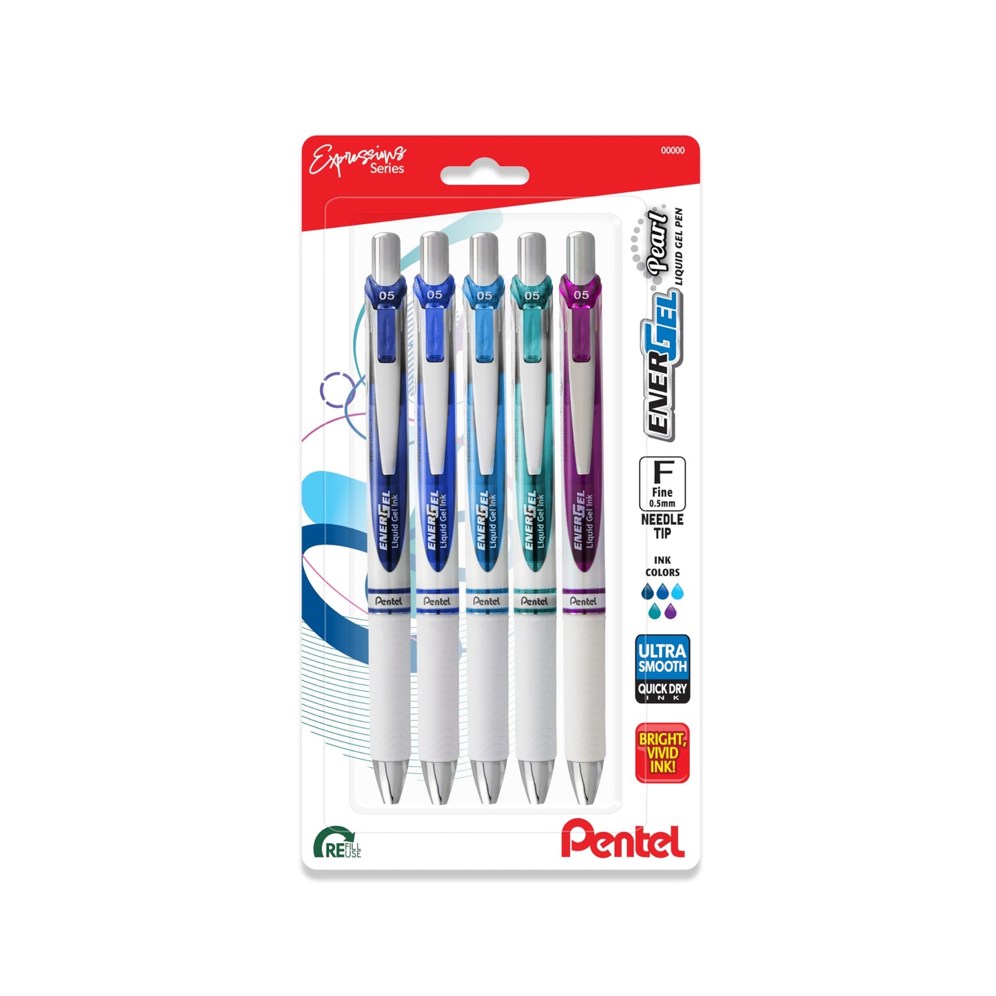 Pentel EnerGel RTX Pearl Liquid Gel Pen, Right Brain Expressions Pack, (0.5mm) Needle Tip, Fine Line, Asstd. Ink, 5-Pk
