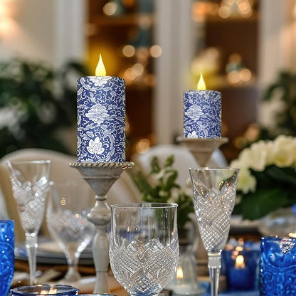 Baquler 3 Pcs Chinoiserie Flameless Pillar Candles Blue and White Floral Candles Battery Operated Decorative Porcelain LED Candlestick for Home Wedding Table Party Decoration