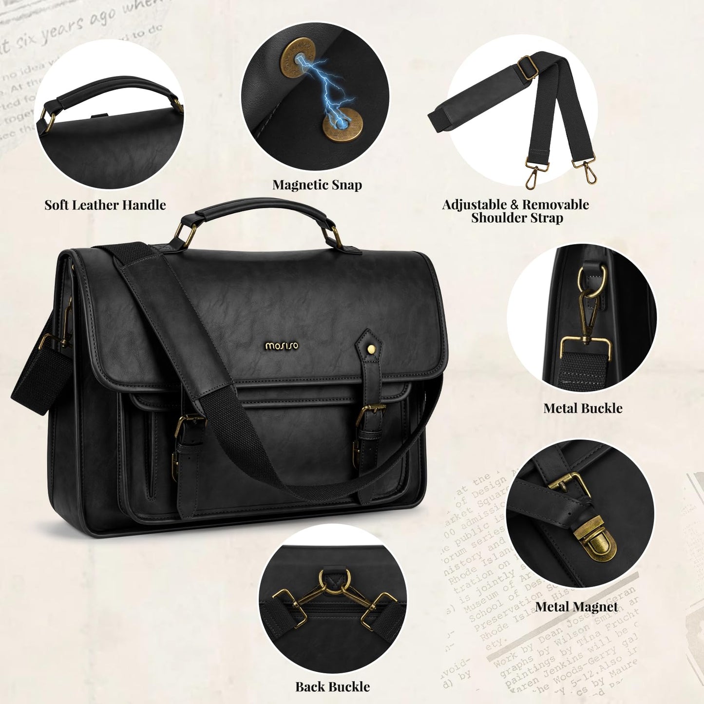 MOSISO 3 in 1 Laptop Bag, 15.6 inch PU Leather Shoulder Bag Briefcase Messenger Satchel Laptop Backpack, 15-16 inch Computer Bags Handbag Bookbag, Black
