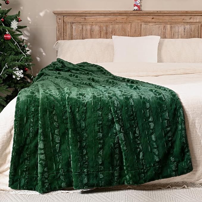Krifey Oversized Faux Fur Blanket, Super Soft Cozy Blanket, Luxury Fluffy Throw Blanket Fuzzy Bed Throw, Plush for Women, Dark Green, 60" x 80"