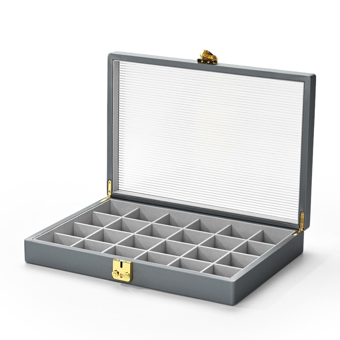 Oirlv Grey Leather Jewelry Organizer Jewelry Tray with Lid Jewelry Organizers and Storage for Drawers Pendant Ring Display Case Box for Women Jewelry Organizer with Lock (24 Grid)