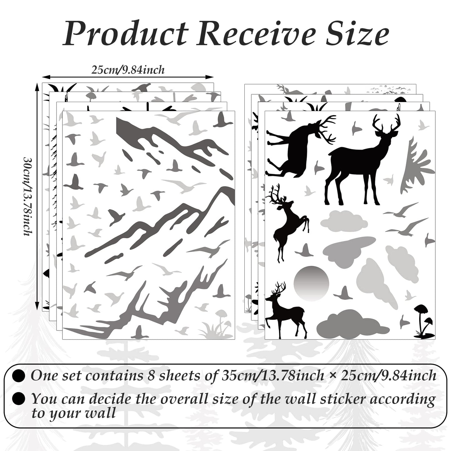 Teling 8 Pieces Winter Snowflake Wall Decals Stickers Dreamy Nursery Forest Woodland Trees Deer Pine Tree Wall Decals for Kids Room Winter Decor(Black, White, Gray)