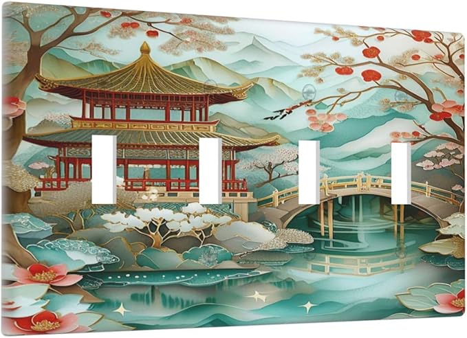 Asian Palace Traditional Bridge Cherry Blossoms Light Switch Covers Quad Toggle 4 Gang Wall Plate Decorative Switchplate Electrical Faceplate for Farmhouse Bathroom Living Decor