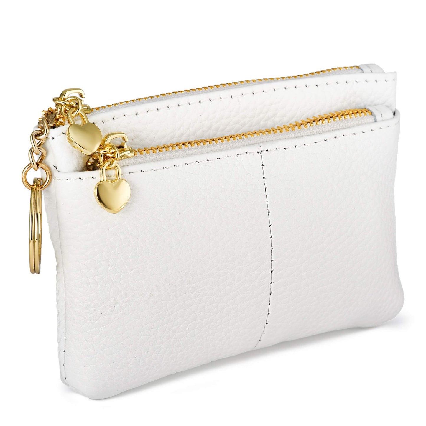 ZOOEASS Coin Purse Women Genuine Leather Zip Mini Purse With Key Ring Triple Zipper Card Holder Wallet (White)