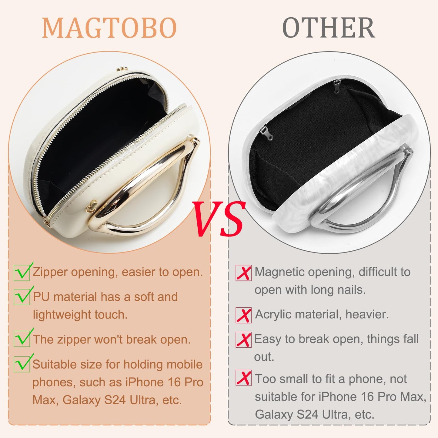 MAGTOBO Evening Clutch Purses for Women Formal, Zipper Lightweight Trendy Metal Handle Leather Evening Bag for Wedding Party (Leather Beige)