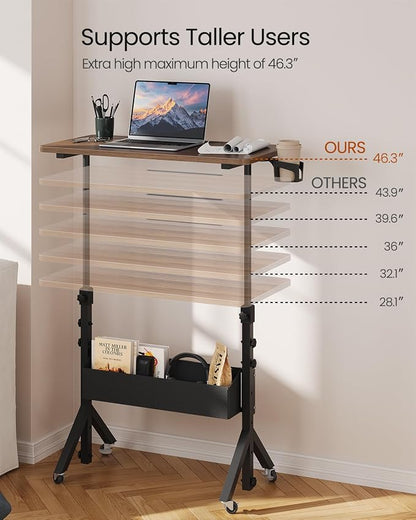 ErGear Mobile Standing Desk with Wheels, Adjustable Height 28.3″ to 46.1″, Rolling Laptop Cart with Cup Holder, Storage Basket, Computer & Pen Slot, Home Office Stand Up Desk, Walnut (31.5″ x 15.75″)