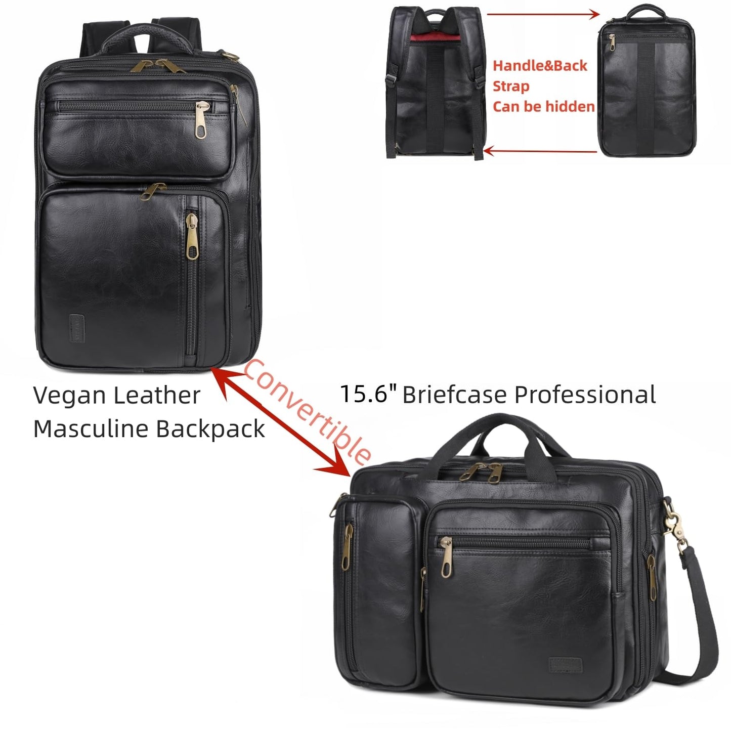 Baosha Vegan Leather Laptop Backpack Briefcase Hybrid 15.6 Inch Laptop Travel Backpack Hiking College Backpack for Men BC-04 (Black)
