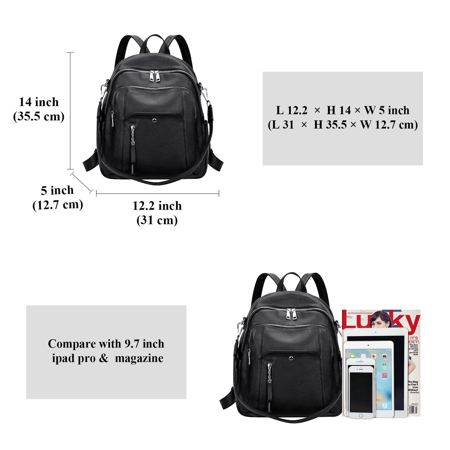 ALTOSY Fashion Genuine Leather Backpack Purse for Women Shoulder Bag Casual Daypack Medium(S9 Black New)