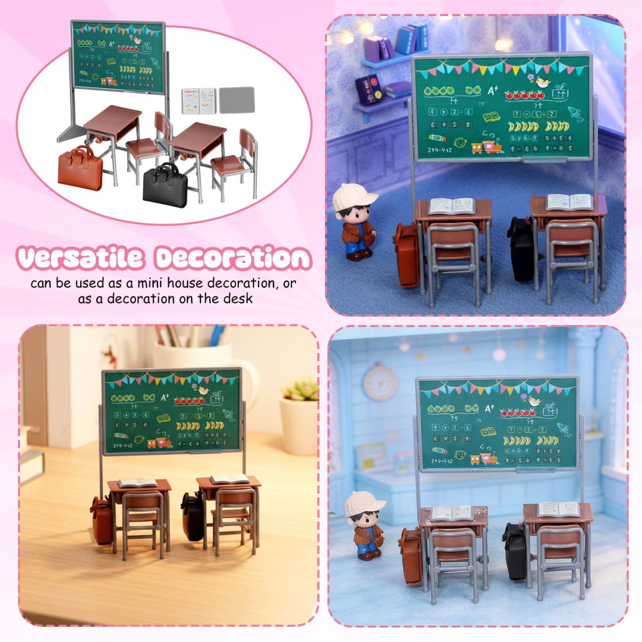 TOYANDONA 13pcs Miniature School Supplies - Doll School Supplies Mini Dollhouse Accessories Include Desk Chair Set Doll Schoolbag Blackboard Book for Miniature Classroom Furniture