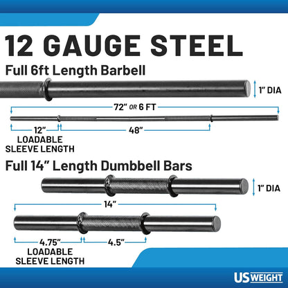 US Weight 105 Pound Barbell Weight Set for Home Gym| Adjustable Weight Set with Two Dumbbell Bars and Full 6 Ft Bar, Black