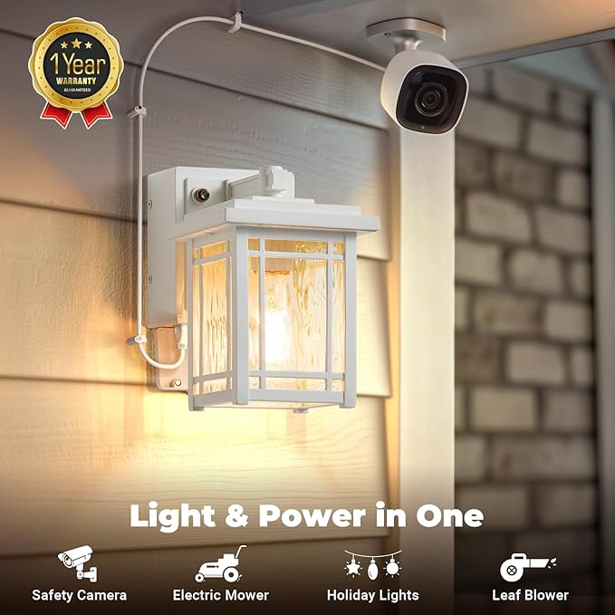 2-Pack Outdoor Wall Light with GFCI Outlet, White Dusk to Dawn Exterior Light Fixture Wall Lantern, Waterproof Front Porch Lights Wall Mount, Modern Outdoor Coach Lights with Water Ripple Glass