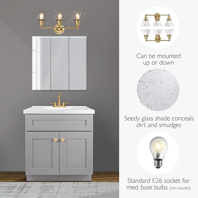 Design House Augustin Vanity Light, 3-Light, Seeded Glass Warm Glow, Dimmable, Up/Down Glow, Easy Installation, E26 Socket, Satin Gold, 25.9 in L x 8.3 in D x 11.1 in H, 589036-SG