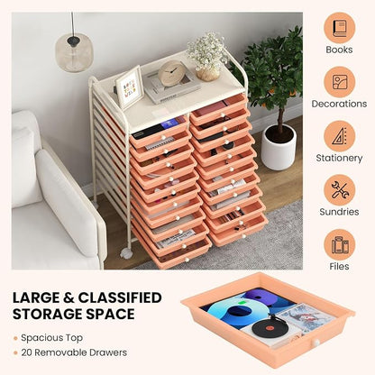 Giantex 20 Drawers Rolling Cart, Mobile Storage Drawer Cart, Classroom Organizer for Office School Supplies Tools Scrapbook Paper Craft Small Printer, Utility Stand on Wheels, Peach