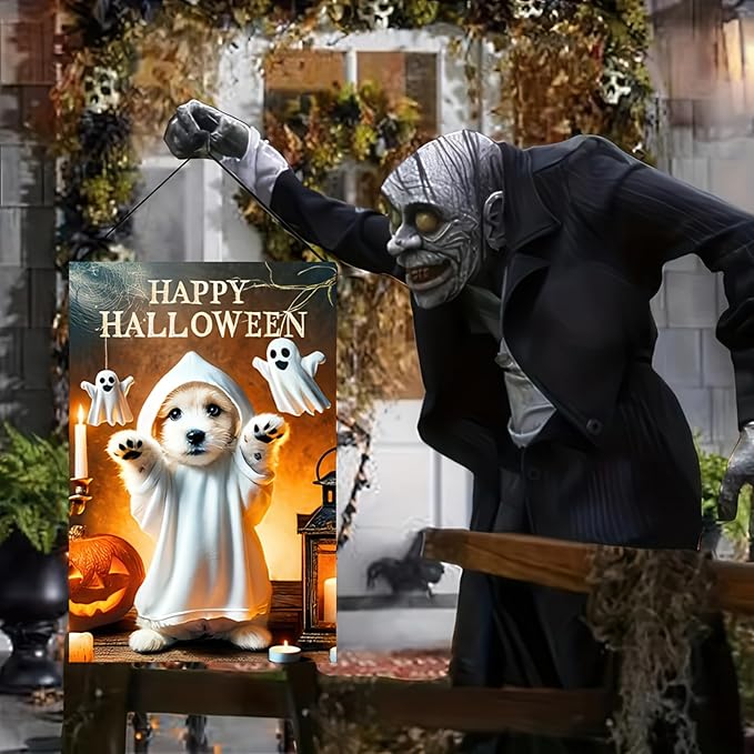 Double Sided Vertical Garden Flag - 12x18 Halloween Bichon Frise Dog Pumpkin Outdoor Decorative Flag for Yard, Lawn, Patio