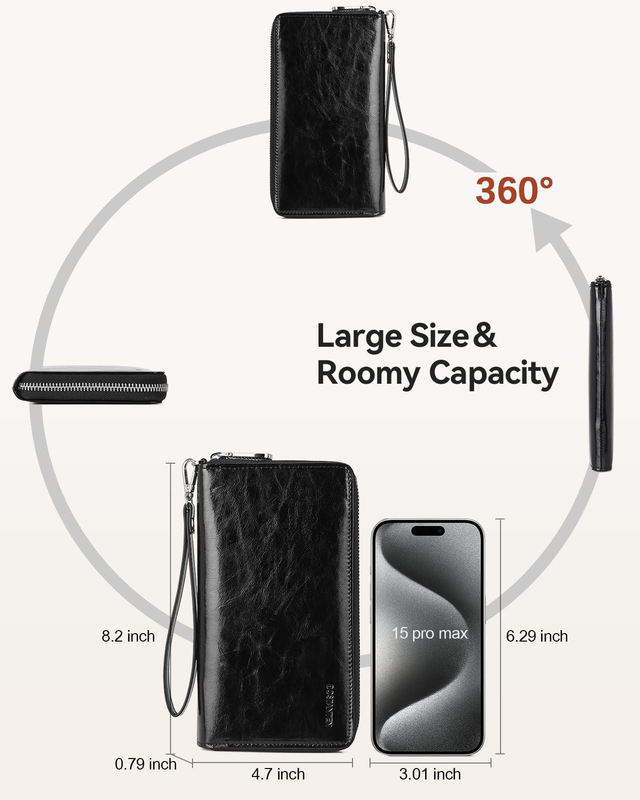 BOSTANTEN Leather Wallet for Women RFID Blocking Zip Around Credit Cards Holder Phone Clutch Black