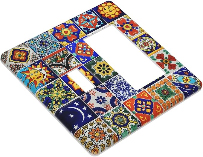 Traditional Colorful Talavera Mexican Spanish Moroccan Tiles 2 Gang Combination Light Switch Cover Decorative Toggle Rocker/Decora Wall Plate Electrical Faceplate for Bathroom Kitchen Home Decor