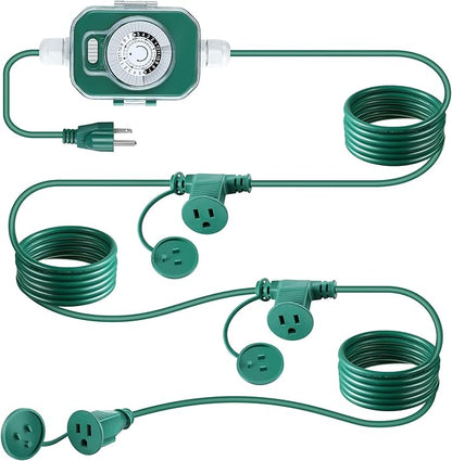 Feekoon 20FT Outdoor Extension Cord Splitter with Timer, Waterproof 3-Outlet Cord with Safety Cover 16/3 SJTW Weatherproof Power Cable for Outdoor Halloween Christmas Decorations Garden Lights