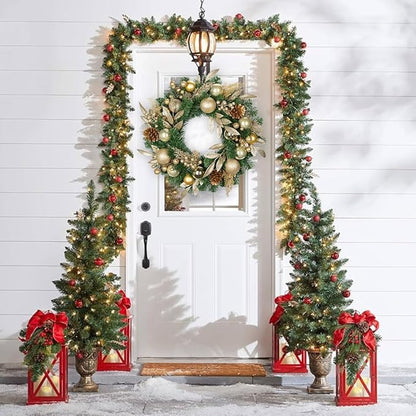 24 inch Christmas Door Wreath, Pine Wreaths for Front Door with Golden Ball Glittered Leaf Spray Stems Pinecones Berries for Fireplace Xmas Decorations, Wall Window Indoor Outdoor Decor
