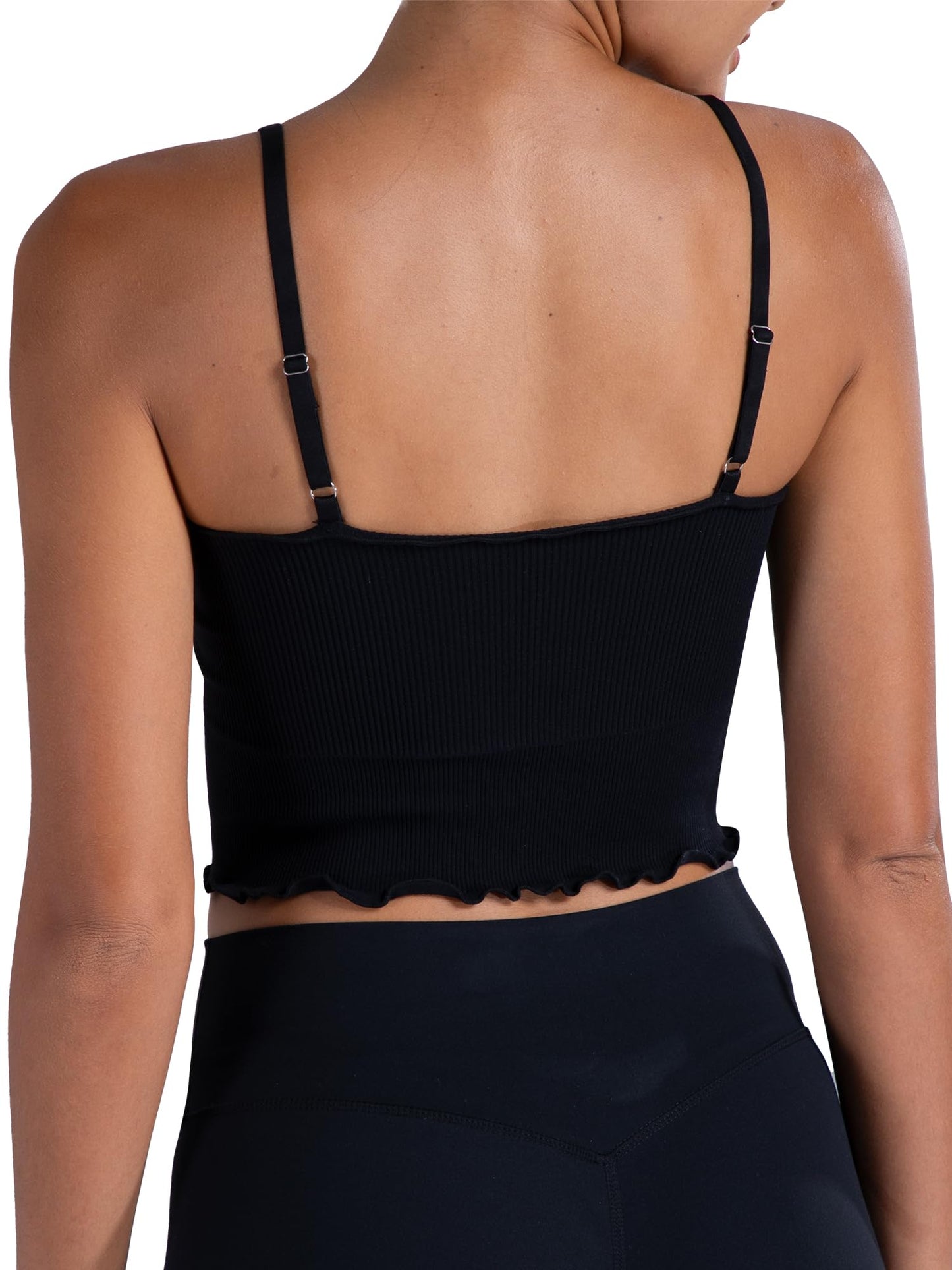 Sunzel Tank Top for Women, V Neck Cropped Seamless Ribbed Camisole with Ruffles for Workout Yoga Lounge (Black&White M-L)