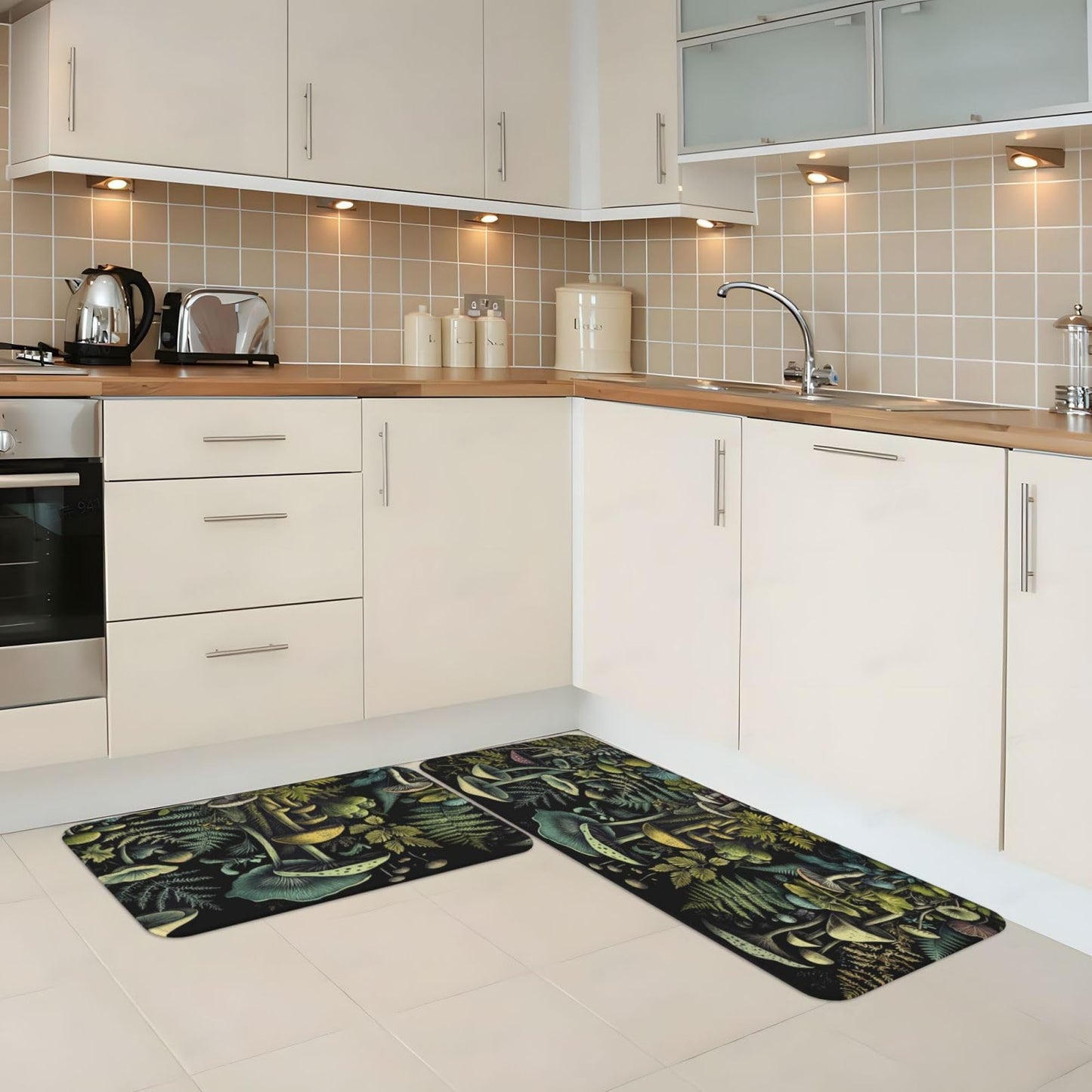 Mushroom Kitchen Rugs Set of 2, Mushroom Kitchen Mats, Non-Slip Absorbent Washable Kitchen Mats for Home Kitchen Decor, 17'' X 30''+17'' X 47''