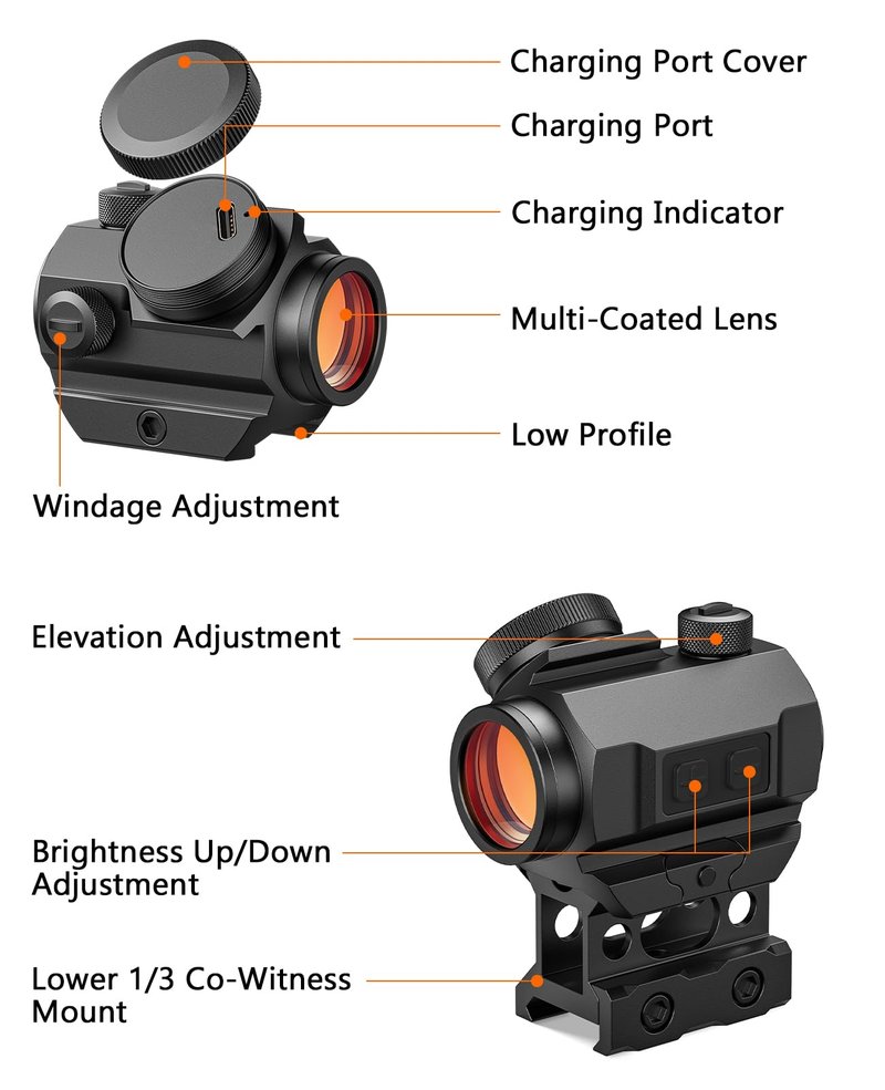MidTen Rechargeable Red Dot Sight, 1x20mm 2 MOA Red Dot, Waterproof & Shockproof & Fog-Proof Chargeable Red Dot Scope with Lower 1/3 Co-Witness Riser