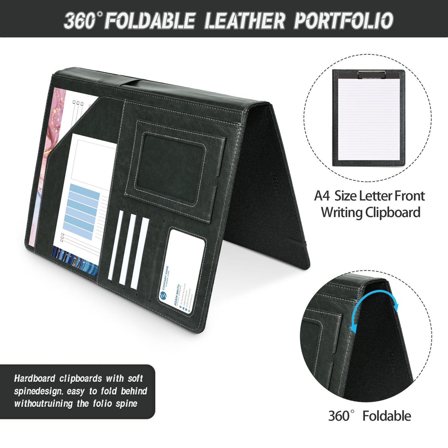 Leather Padfolio with Clipboard Folio Folder Padfolios for Women Black Sparkle Binder with Notepad