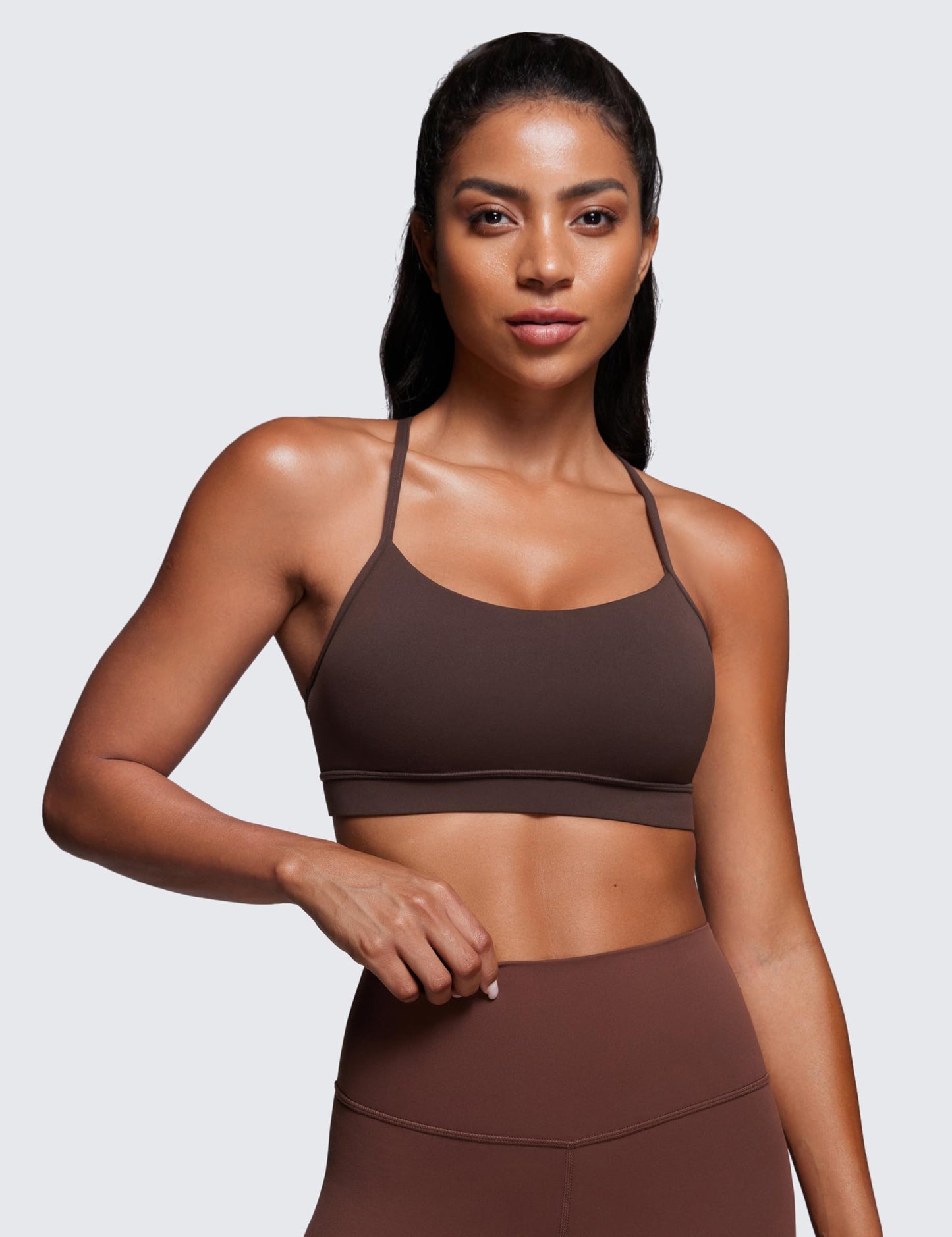 CRZ YOGA Butterluxe Y Back Sports Bras for Women - Padded Racerback Low Impact Spaghetti Thin Strap Workout Yoga Top Hot Fudge Brown X-Large