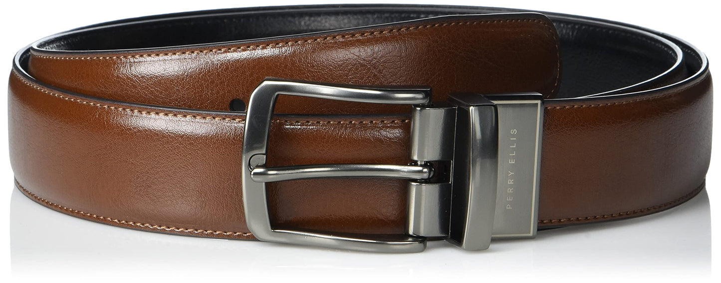 Perry Ellis Portfolio Reversible Leather Dress Belt for Men with Stitch and Heat Crease , Lugg3, 32