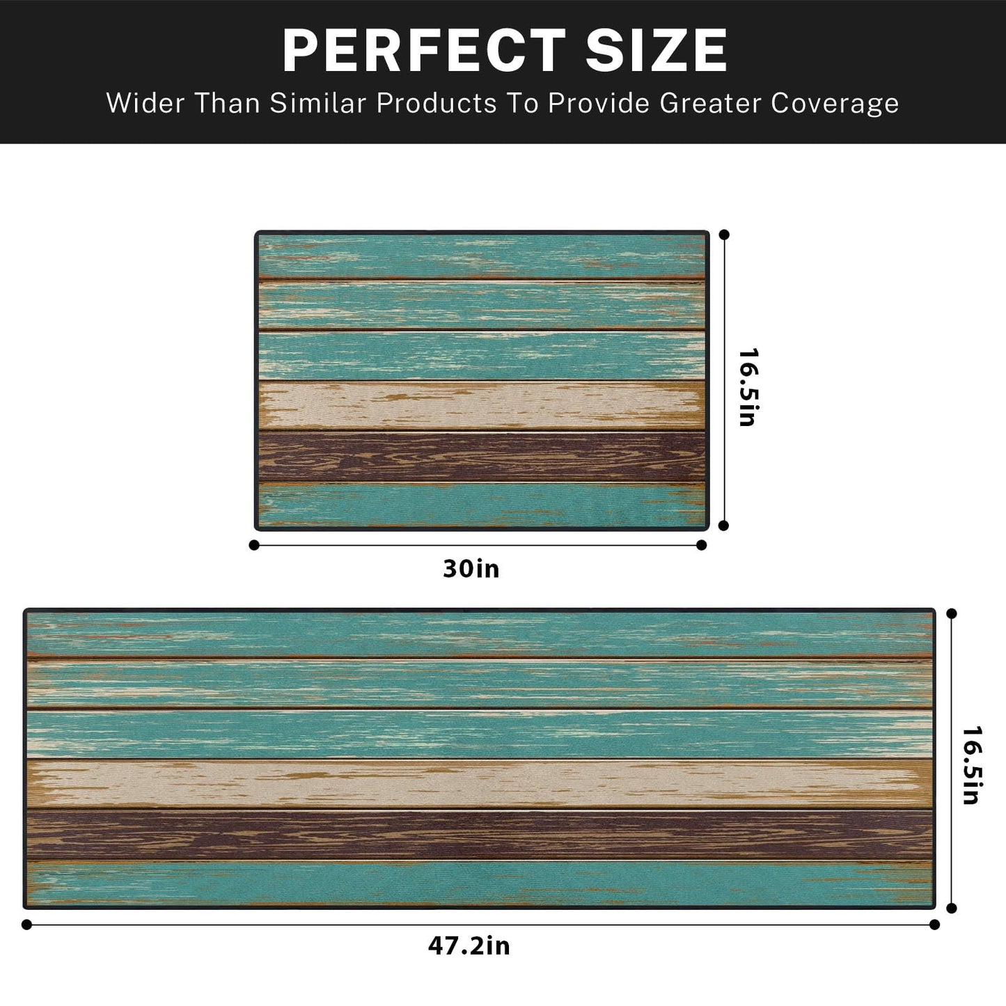 Tayney Rustic Kitchen Rugs and Mats Non Skid Washable Set of 2, Teal Country Wood Board Mats for Floor, Turquoise Brown Stripes Runner Rug Wooden Plank Texture Kitchen Decor