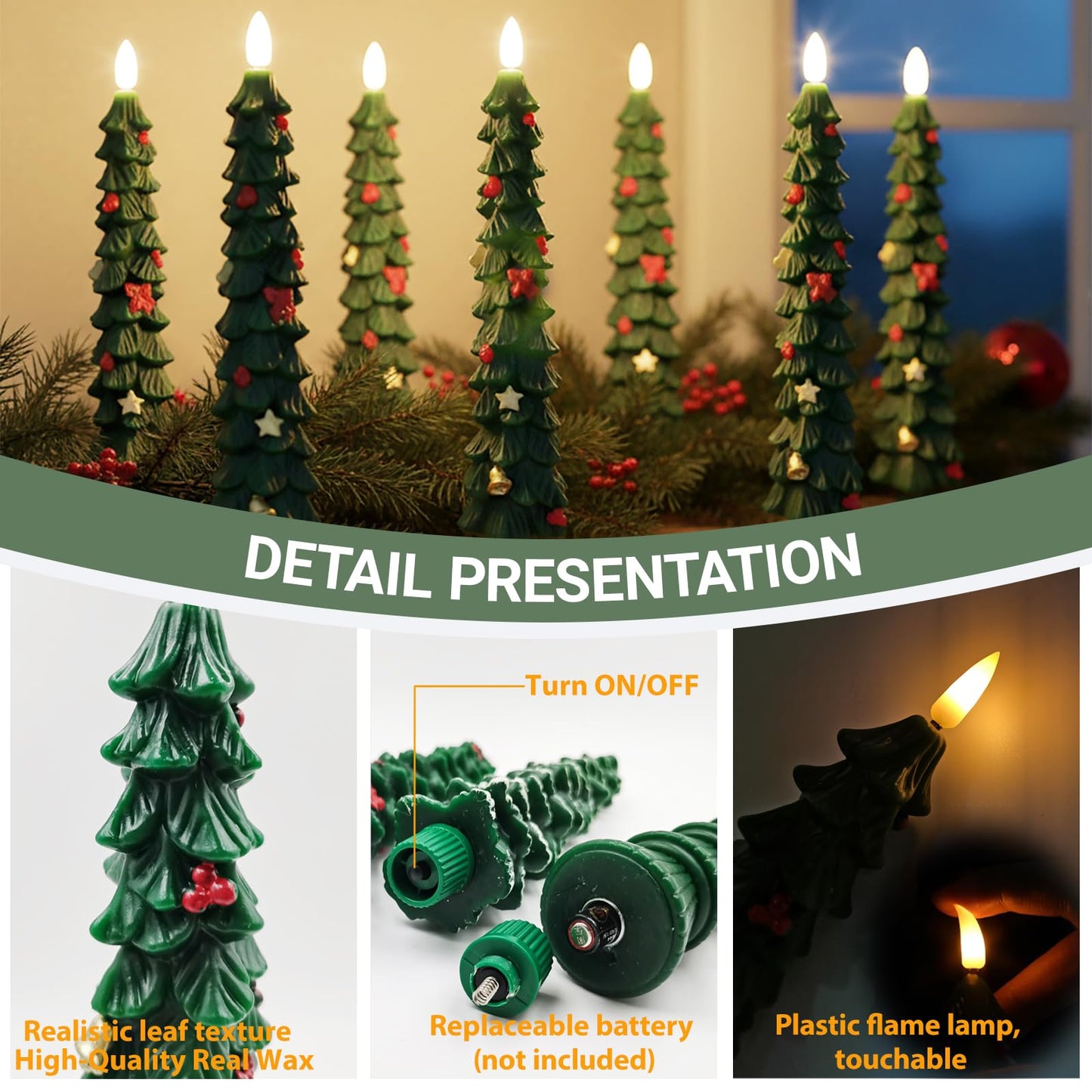 FYBW Christmas Tree Flameless Taper Candles with 10-Key Remote Timer,4 Pcs Green LED Taper Candles with 3D Flame for Holiday Dinner Decorations(Green-A)