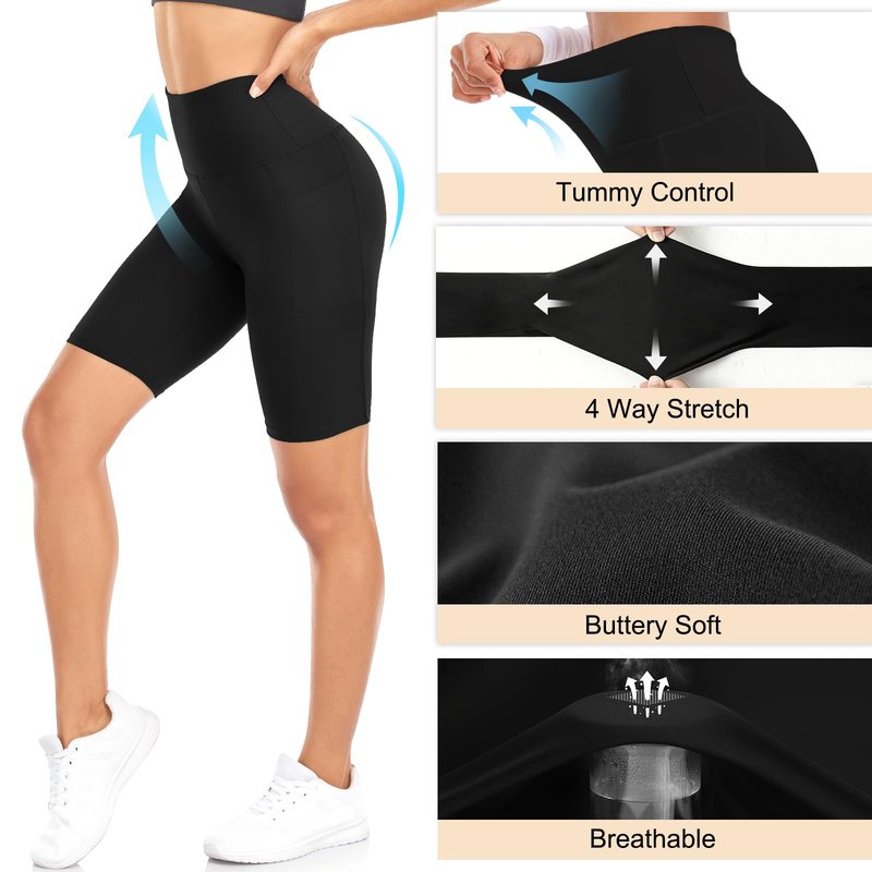 Purplepig 3 Pack Women's Black Biker Shorts with Pockets, 8" High Waisted Tummy Control Buttery Soft Workout Shorts for Yoga Running Gym Volleyball