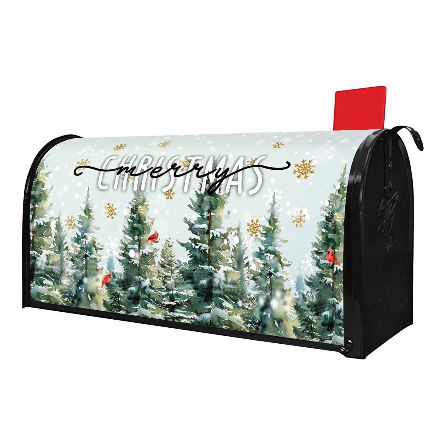 Merry Christmas Mailbox Cover - Magnetic Standard Size 18" X 21" - Christmas Dark Green Pine Trees Cardinal Birds Snowflake Mailbox Cover Decor for Home Garden Yard Post Letter Box